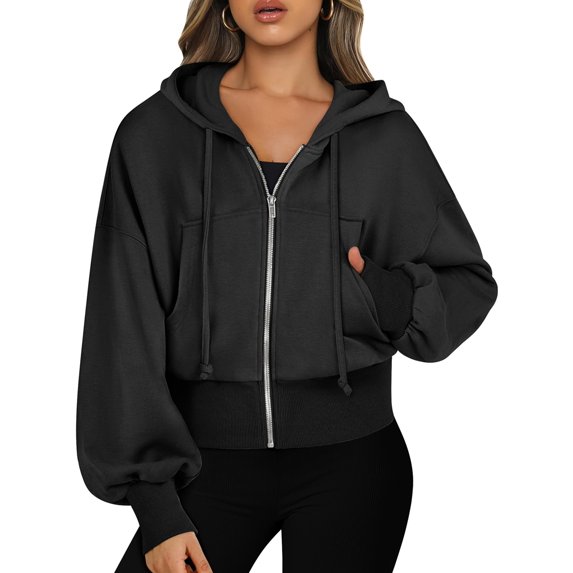 Female Zip Up Hoodies Cropped Sweatshirts Casual Comfy Cute Zip Jackets Fashion Trendy Fall Outfits Black M
