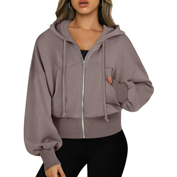 Female Zip Up Hoodies Cropped Sweatshirts Casual Comfy Cute Zip Jackets Fashion Trendy Fall Outfits Light Brown XL