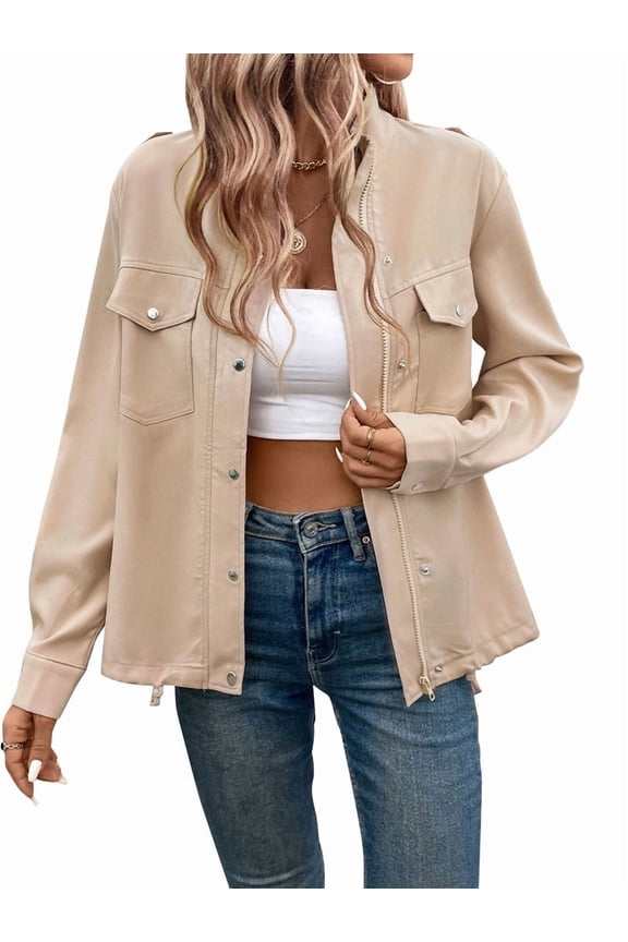 Female Zip Up Jacket Roll Tab Sleeve Flap Pocket Drawstring Hem Utility Cropped Jackets Khaki M