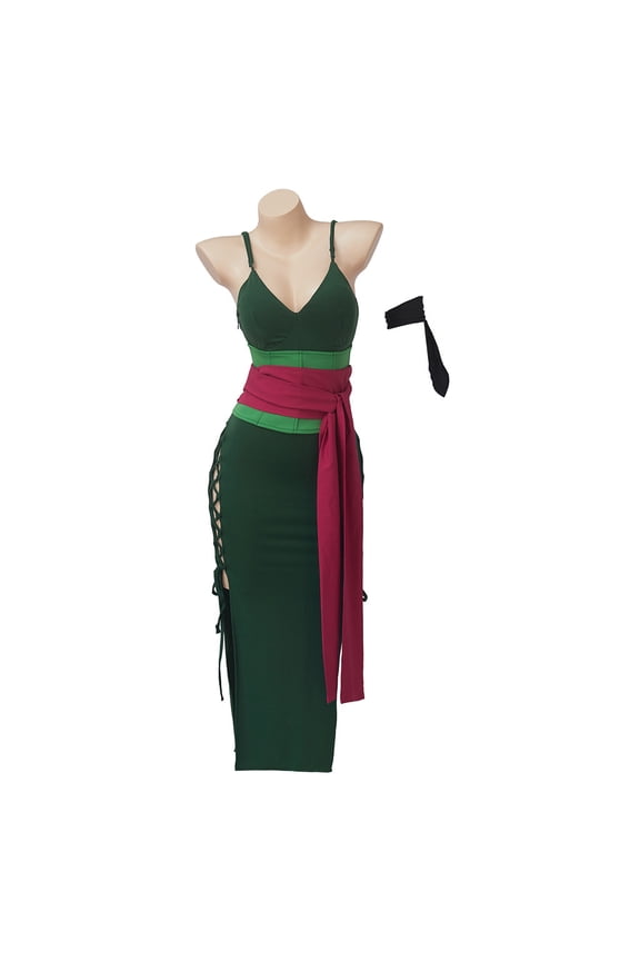 Female Zoro Green Sexy Dress With Belt Full Set Party Full Suit Outfit Women Adult