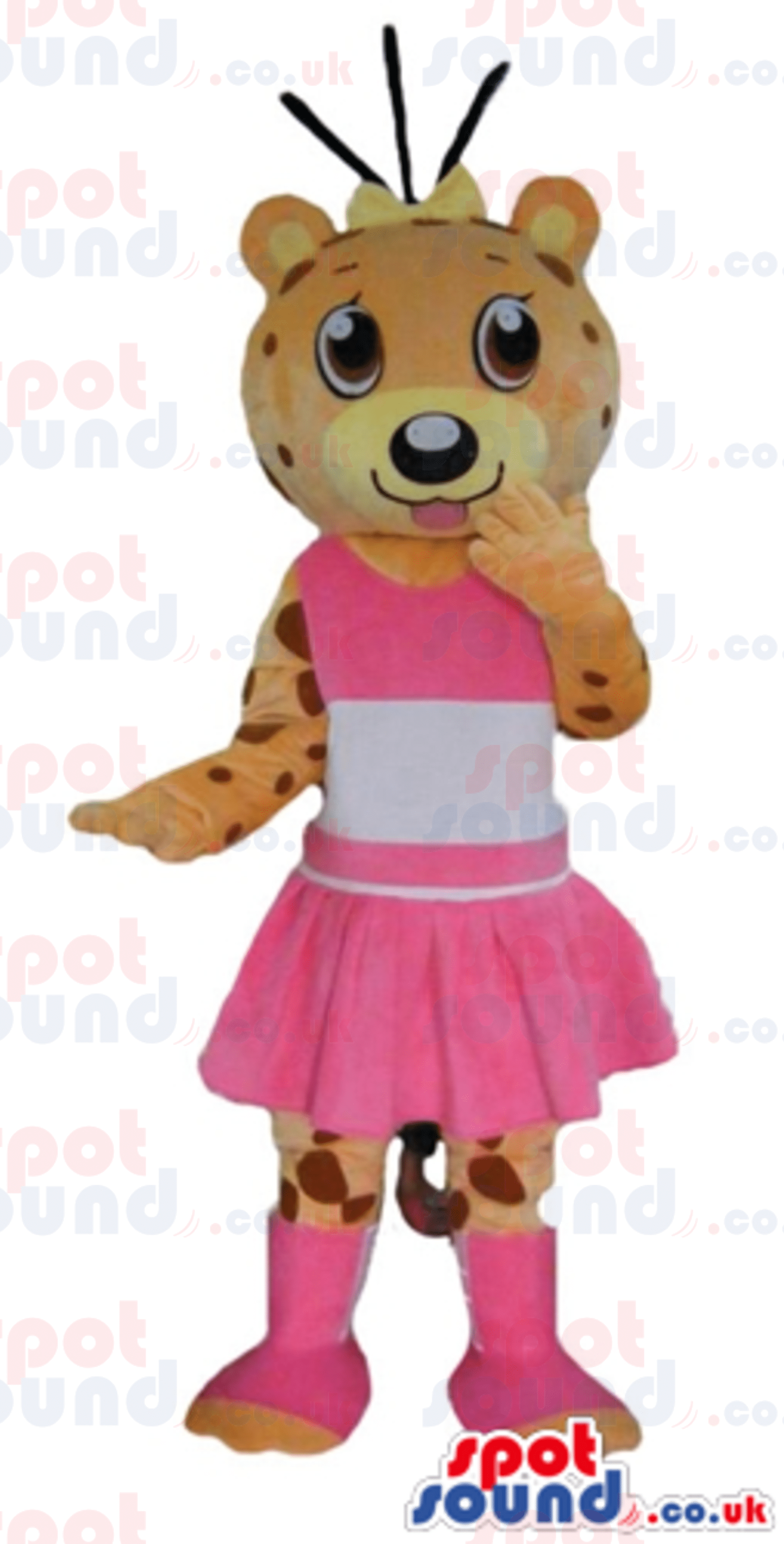 Female cheetah wearing a pink mini skirt and boots and a pink and white tshirt MascotsTiger