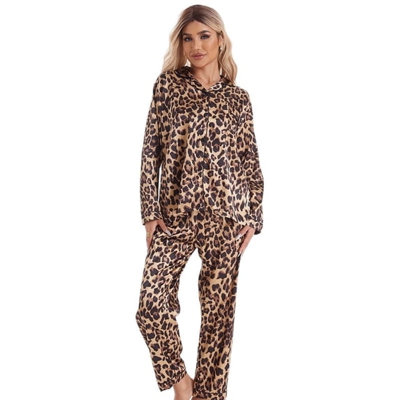 Female leopard print silk cardigan home wear pajama set