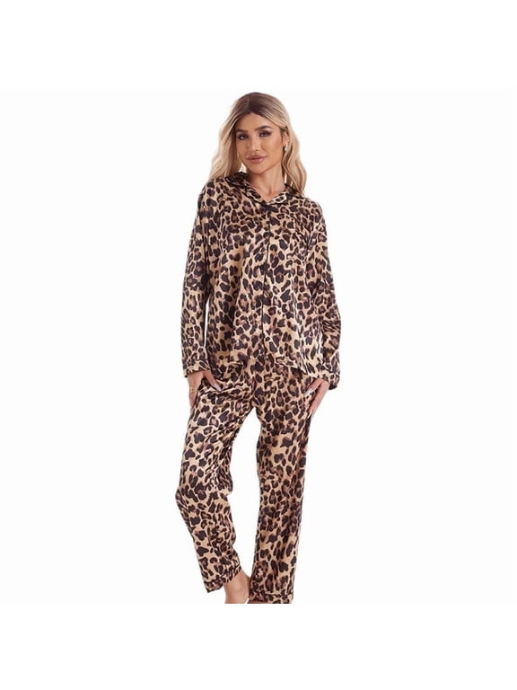 female leopard print silk cardigan home wear pajama set