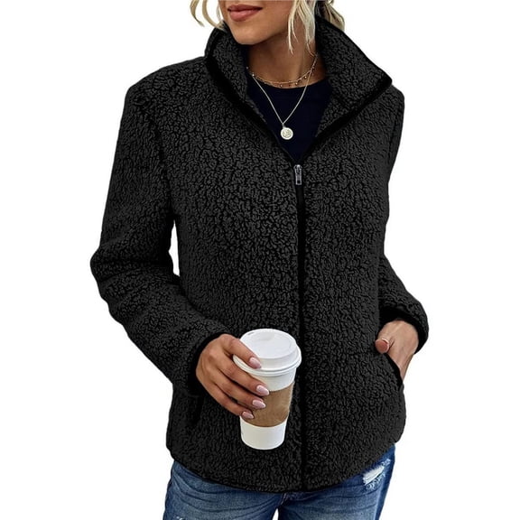 Female's Faux Fur Coat Long Sleeve Stand Collar Zip Up Jacket Fleece Casual Trendy Outerwear Black XXL