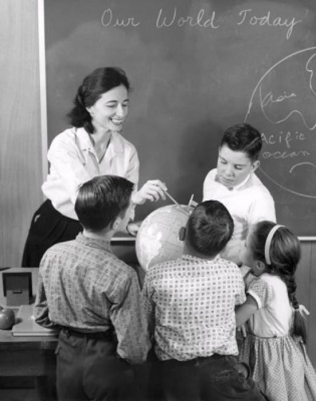 Female teacher and her students looking at a globe Canvas Art - (24 x 36)