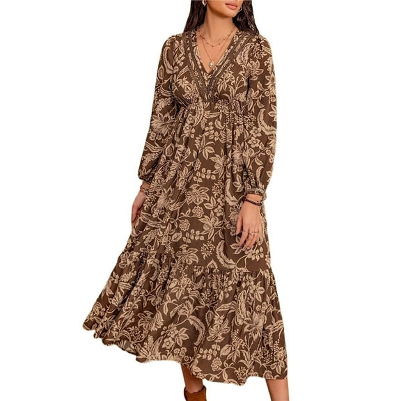 Females Boho Floral Long Sleeve Maxi Dress V Neck Waist Fall Wedding Guest Dresses with Pockets Dark Brown L