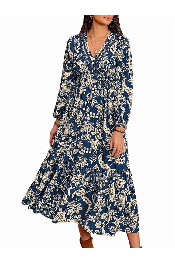 Females Boho Floral Long Sleeve Maxi Dress V Neck Waist Fall Wedding Guest Dresses with Pockets Navy Blue L