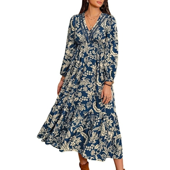 Females Boho Floral Long Sleeve Maxi Dress V Neck Waist Fall Wedding Guest Dresses with Pockets Navy Blue XL