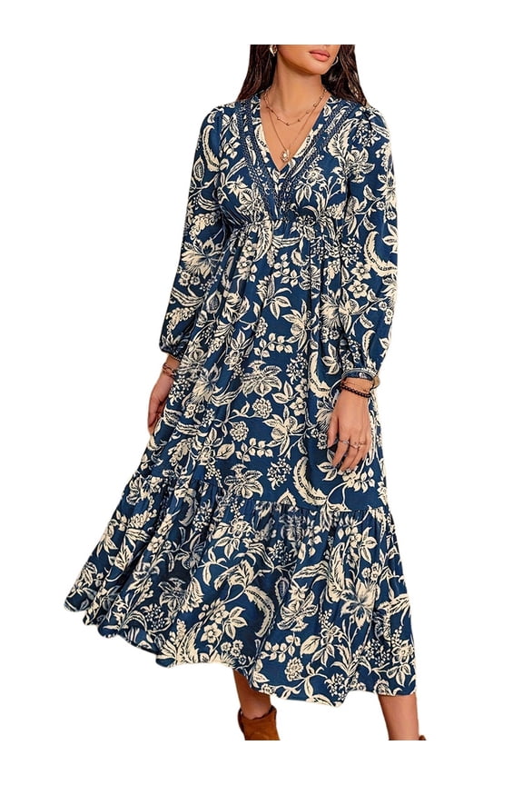 Females Boho Floral Long Sleeve Maxi Dress V Neck Waist Fall Wedding Guest Dresses with Pockets Navy Blue XL