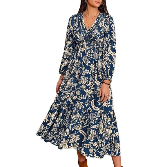 Females Boho Floral Long Sleeve Maxi Dress V Neck Waist Fall Wedding Guest Dresses with Pockets Navy Blue XL