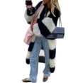 thumbnail image 1 of Females Color Block Striped Cardigan Sweaters Loose Knitted Long Open Front Cardigan Navy Blue L, 1 of 6