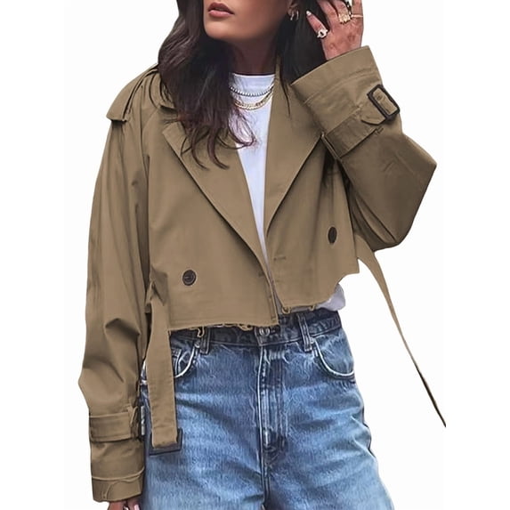 Females Cropped Bike Jacket Casual Double Breasted Trench Coat with Belt Dark Brown L