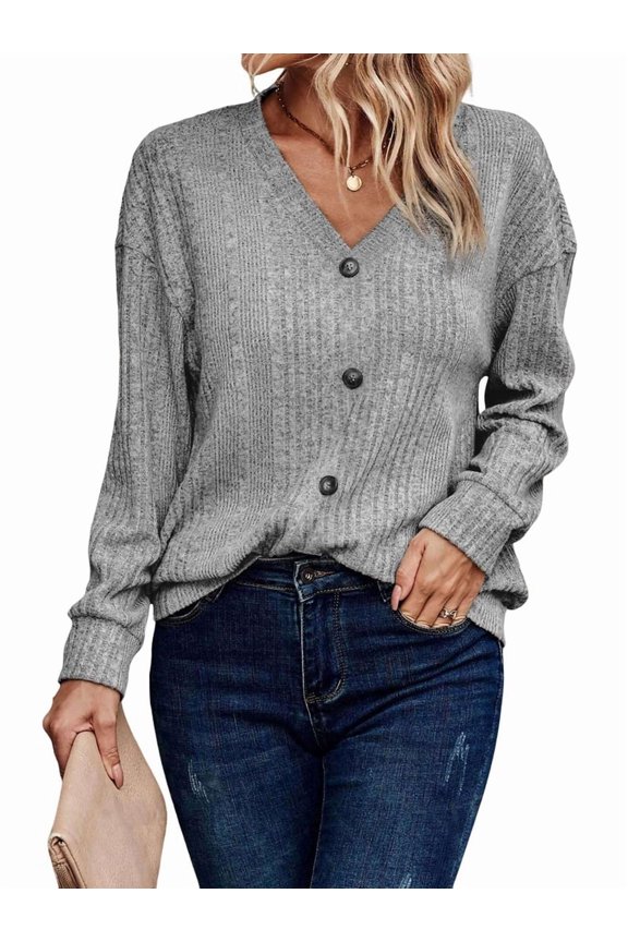 Females Long Sleeve T Shirts Trendy V Neck Tunic Tops Dressy Causal Ribbed Blouse Loose Comfy Spring Clothes Grey XXL