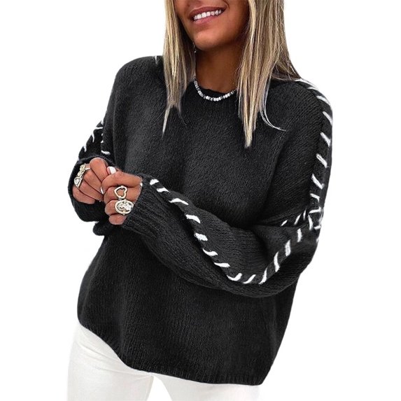 Females Oversized Sweaters Contrast Stitching Crewneck Sweater Cable Knit Pullover Jumper Pullovers Black L
