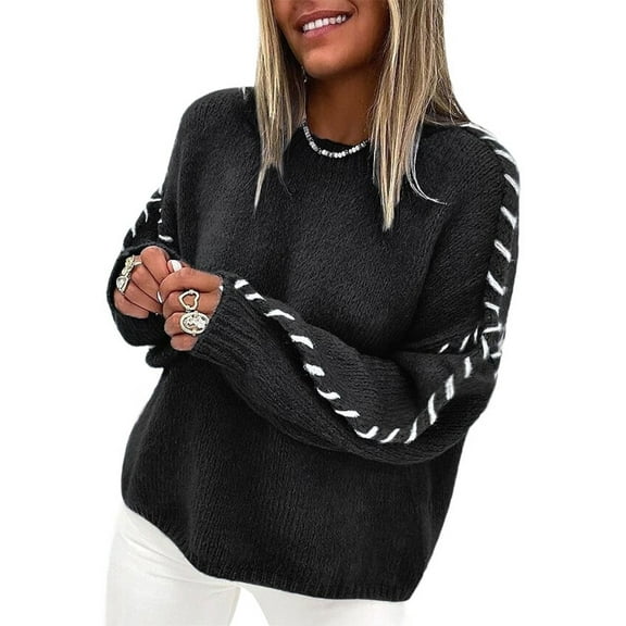 Females Oversized Sweaters Contrast Stitching Crewneck Sweater Cable Knit Pullover Jumper Pullovers Black XL