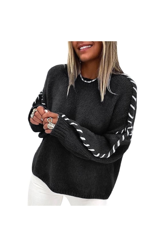 Females Oversized Sweaters Contrast Stitching Crewneck Sweater Cable Knit Pullover Jumper Pullovers Black XL