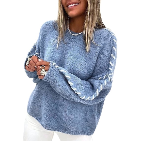 Females Oversized Sweaters Contrast Stitching Crewneck Sweater Cable Knit Pullover Jumper Pullovers Blue M