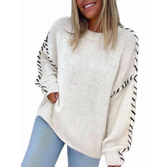 Females Oversized Sweaters Contrast Stitching Crewneck Sweater Cable Knit Pullover Jumper Pullovers White L