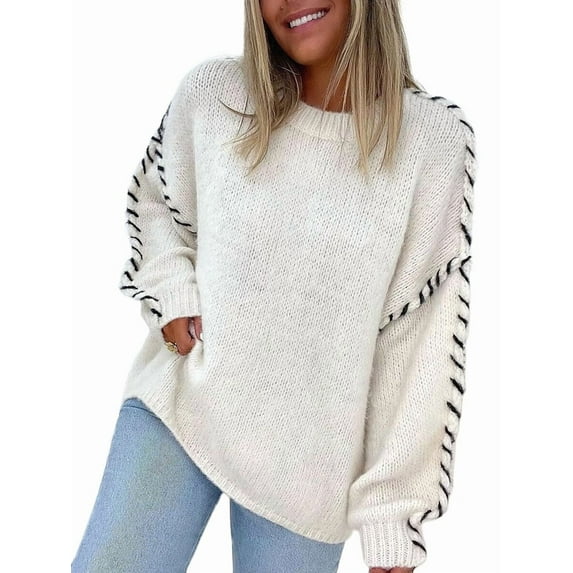 Females Oversized Sweaters Contrast Stitching Crewneck Sweater Cable Knit Pullover Jumper Pullovers White XL