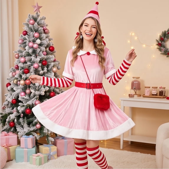 Femboy Clothes, Adult Women's Pink Christmas Costume Dress for Role Play and Holiday Parties Cosplay Clothes Elf Costume Christmas Decoration Festive Outfit Seasonal Celebrations Dress Up