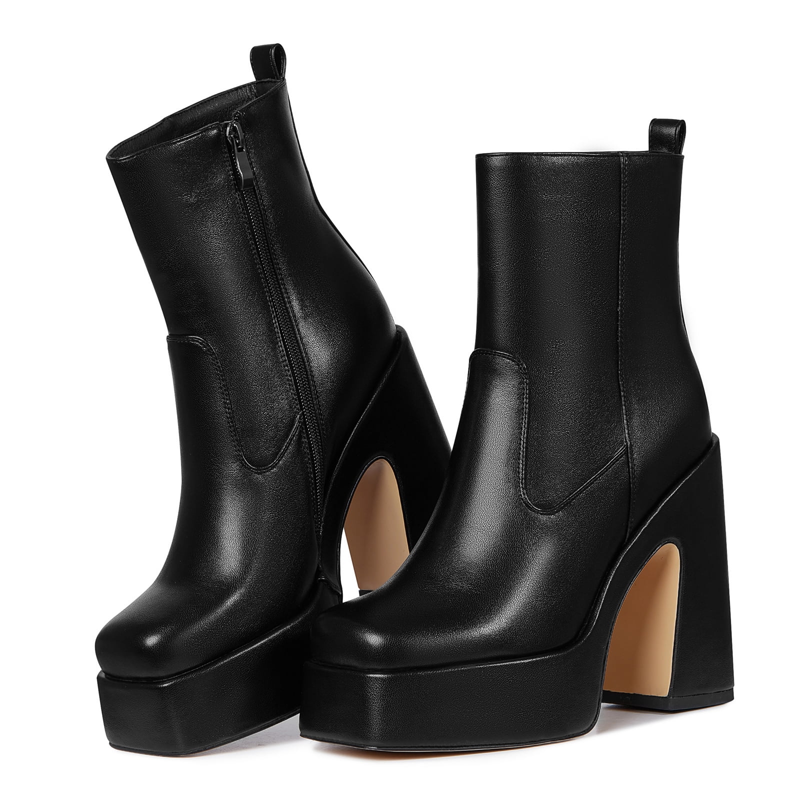 Femflame Platform Ankle Boots for Women Fashion Zip Block Chunky High Heel Booties Square Toe Solid Ladies Party Office Shoes Black Size 7.5 Walmart