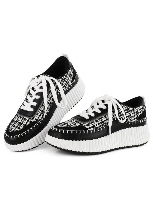 Femflame Women's Platform Sneakers Fashion Comfortable Lace Up Casual Sneaker Round Closed Toe Walking Running Wedge Heel Flats Shoes Black White Size 7.5