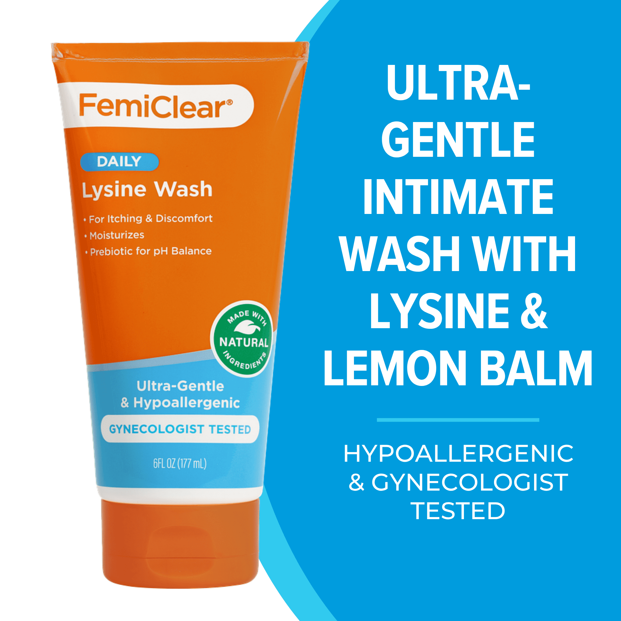 FemiClear Ultra-Gentle Feminine Wash with Lysine and Lemon Balm, Fragrance-Free, pH Balancing, 6 fl oz