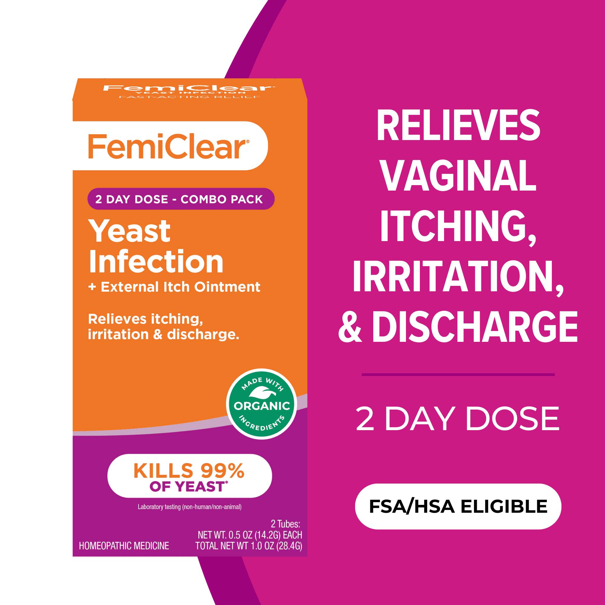 FemiClear 2-Day Natural & Organic Yeast Infection Ointment, Includes External Itch Ointment, 2 Tubes, 2 Applicators