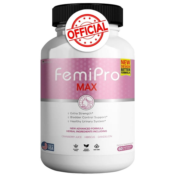 FemiPro MAX Women’s Urinary Support Supplement, Extra Strength Bladder Control with Cranberry, Hibiscus & Dandelion, Vegan & Gluten-Free, 60 Capsules