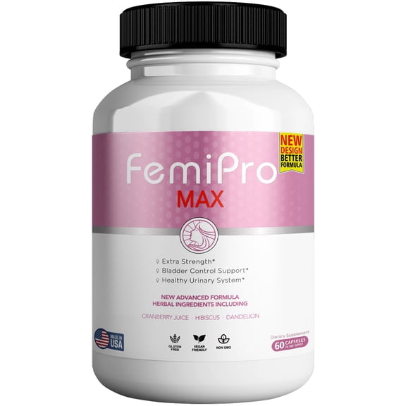 FemiPro MAX Womens Urinary Support Supplement, Extra Strength Bladder Control with Cranberry, Hibiscus & Dandelion, Vegan & Gluten-Free