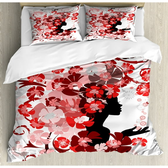 Femimine Duvet Cover Set, Flower Girl Hair Long Swirling Pink Blossoms Hair Dressers Beauty Feminine, Decorative 3 Piece Bedding Set with 2 Pillow Shams, Calking Size, Black Pink and Red, by Ambesonne