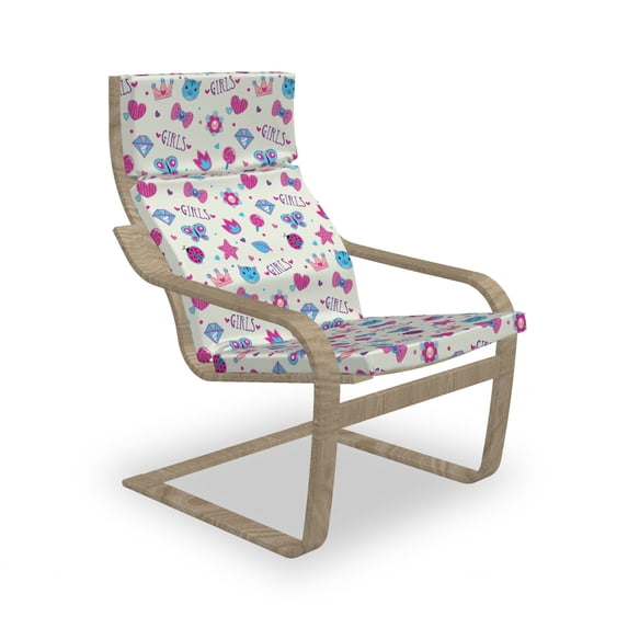 Feminine Armchair Pad and Slipcover, Pattern with Funny Doodle Elements Bowtie Ladybird Diamond and Kitty, 1 Piece Soft Cushion Replacement with Removable Cover, Fuchsia and Blue, by Ambesonne