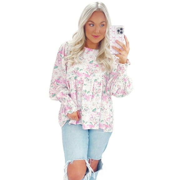 Feminine Babydoll Blouse with Floral Print and Keyhole Detail - Stylish Spring Top | [ZhiHiMeRi] | (US 4-6)S