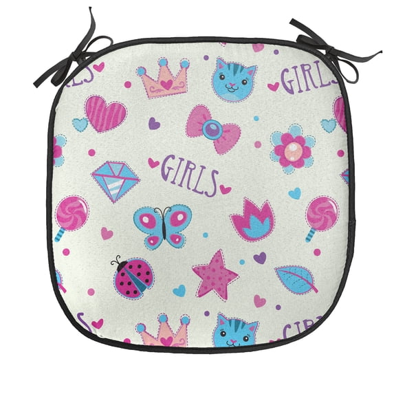 Feminine Chair Seating Cushion, Pattern with Funny Doodle Elements Bowtie Ladybird Diamond and Kitty, Soft Seat Pads for Office with Anti-slip Backing, 16"x16", Fuchsia and Blue, by Ambesonne