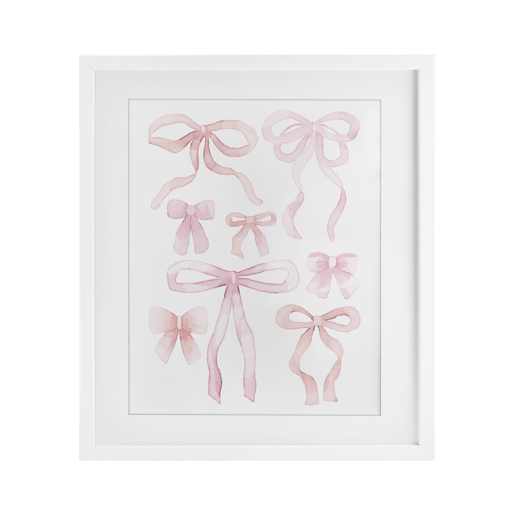 Feminine Chic Bows White Framed Print Under Glass, design by Kim Allen