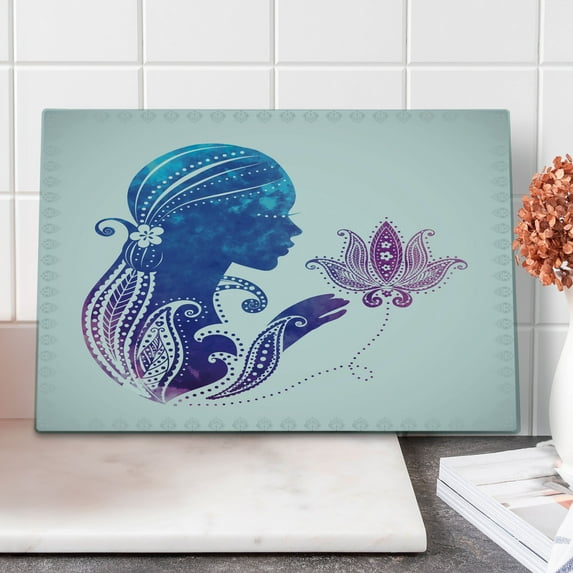 Feminine Cutting Board, Girl's Silhouette with Flowers on Her Hair Floral Ornaments Spa Art, Decorative Tempered Glass Cutting and Serving Board, Large Size, Purple Blue, by Ambesonne