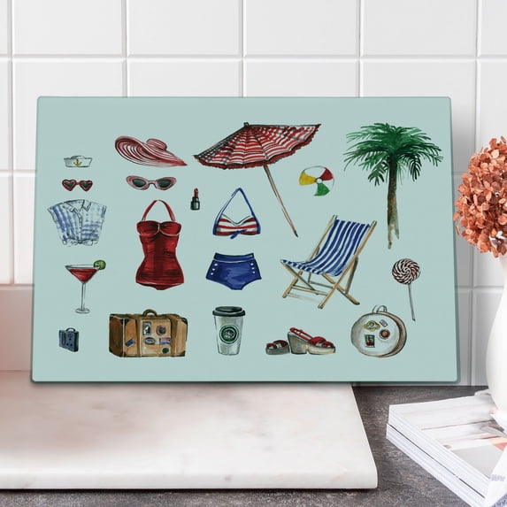 Feminine Cutting Board, Nostalgic Female Beach Fashion Objects Solar Summer Travel Adventure Palms Concept, Decorative Tempered Glass Cutting and Serving Board, Large Size, Multicolor, by Ambesonne