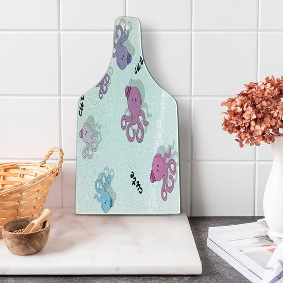 Feminine Cutting Board, Octopus Pattern Colorful Drop Shadow Cartoon Illustration Print, Decorative Tempered Glass Cutting and Serving Board, Wine Bottle Shape, Purple and Blue, by Ambesonne