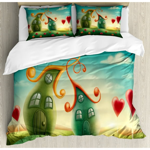 Feminine Duvet Cover Set, Fantasy Houses in the Meadow Heart Shaped Trees in a Dreamy Countryside Print, Decorative 3 Piece Bedding Set with 2 Pillow Shams, King Size, Green and Red, by Ambesonne