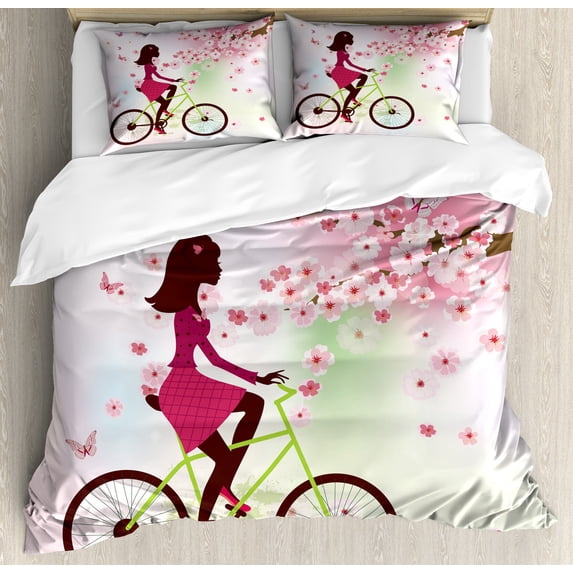 Feminine Duvet Cover Set, Girl on Bike Passing by Cherry Trees Blooms Spring Nature Seasonal Illustration, Decorative 3 Piece Bedding Set with 2 Pillow Shams, Calking Size, Green Pink, by Ambesonne