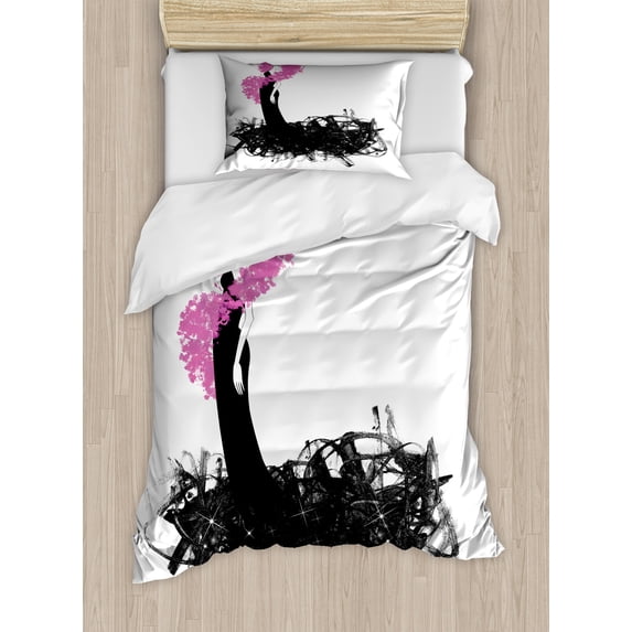 Feminine Duvet Cover Set, Sketch of Woman in Gown with Fluffy Boa Image, Decorative 2 Piece Bedding Set with 1 Pillow Shams, Twin Size, Charcoal Grey Pink, by Ambesonne