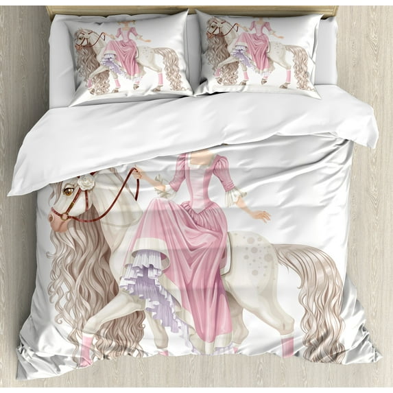 Feminine Duvet Cover Set, Smiling Cartoon on a White Horse Mane Happiness Theme Animal Print, Decorative 3 Piece Bedding Set with 2 Pillow Shams, King Size, Cream Pink, by Ambesonne
