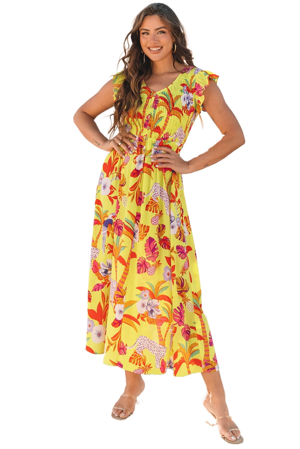 Feminine Fit and Flare Maxi Dress Featuring Shirred Bodice and Flutter — free download