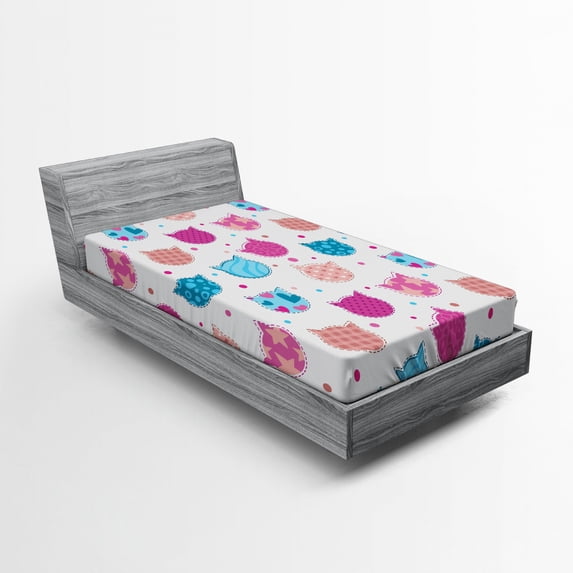 Ambesonne Feminine Fitted Sheet, Patterned Kitten Heads, Twin XL Size, Fuchsia and Blue