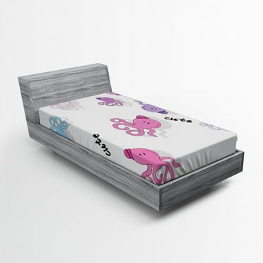 Ambesonne Feminine Fitted Sheet, Cartoon Octopus Art, Twin XL Size, Purple and Blue