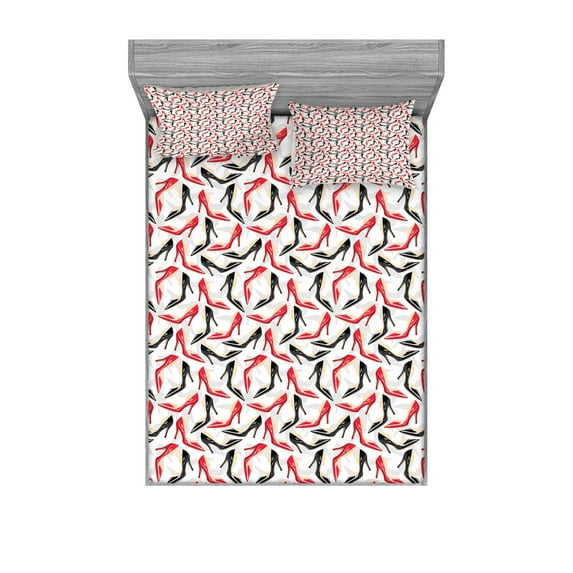 Feminine Fitted Sheet & Pillow Sham Set, Women Fashion Pattern with High Heel Stiletto Shoes Ladies Footwear, Decorative Printed 6 Piece Bedding Decor Set, Queen, Scarlet Beige Black, by Ambesonne