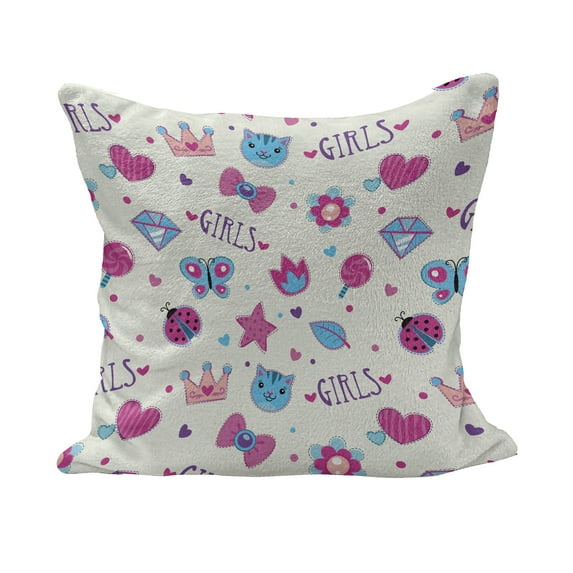 Feminine Fluffy Throw Pillow Cushion Cover, Pattern with Funny Doodle Elements Bowtie Ladybird Diamond and Kitty, Decorative Square Accent Pillow Case, 36" x 36", Fuchsia and Blue, by Ambesonne