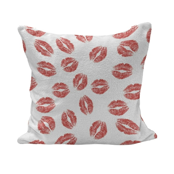 Feminine Fluffy Throw Pillow Cushion Cover, Pattern of Lipstick Kiss Marks Woman Valentines Wedding Theme Illustration, Decorative Square Accent Pillow Case, 28" x 28", White Red, by Ambesonne