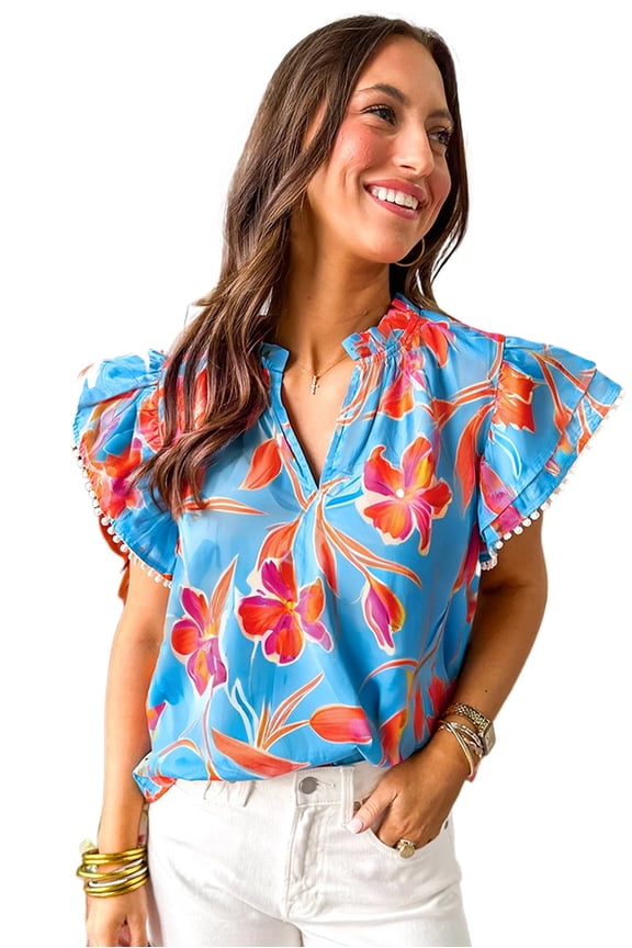 Feminine Flutter Sleeve Blouse - Sky Blue Floral Design for Daily Wear - [ZhiHiMeRi] | (US 4-6)S