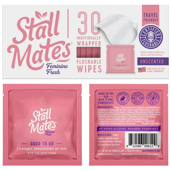 Feminine Fresh - Flushable Wipes Individually Wrapped Cleansing Travel Friendly PH balanced Unscented with Sunflower Rosemary and Aloe (30 on-the-go singles)